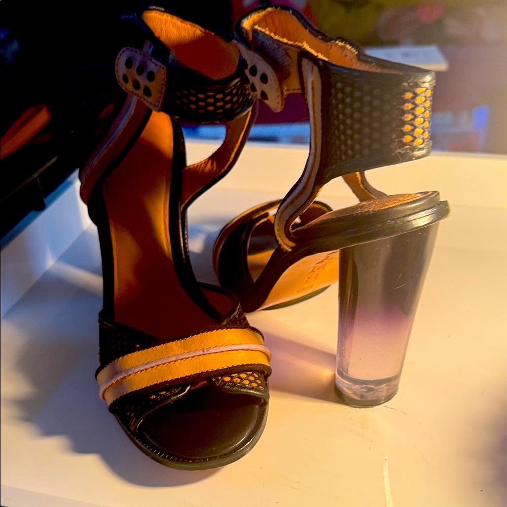L.A.M.B. Striking Black and Yellow Heels with Transparent Heel